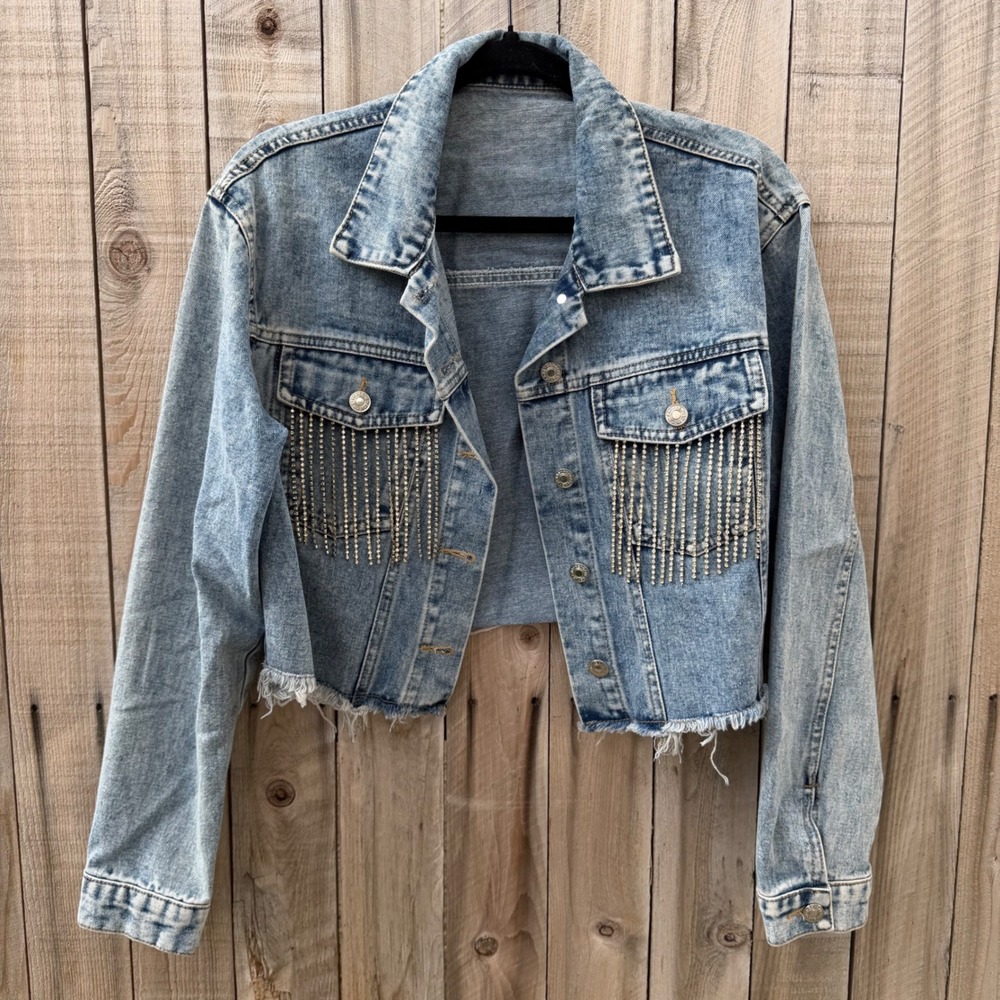 SHEIN M Rhinestone Fringe Cropped Denim Jacket Western Glam Y2K Festival Boho